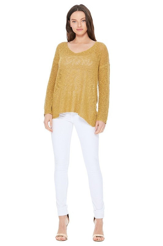 Long sleeve V Neck Thin Slub knit SS sweater Top