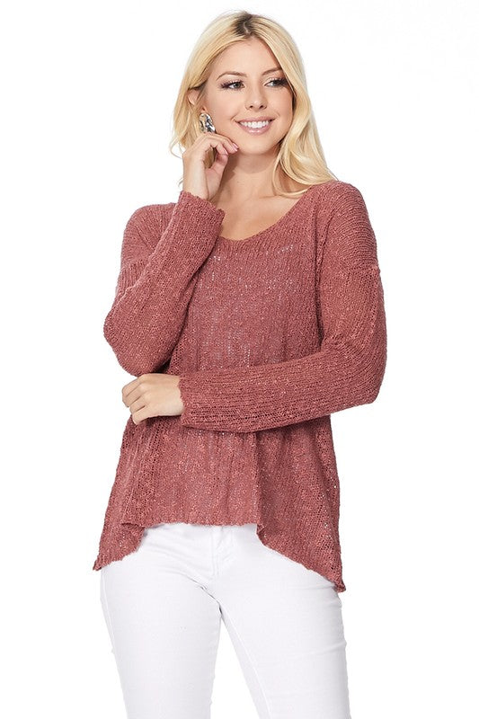 Long sleeve V Neck Thin Slub knit SS sweater Top