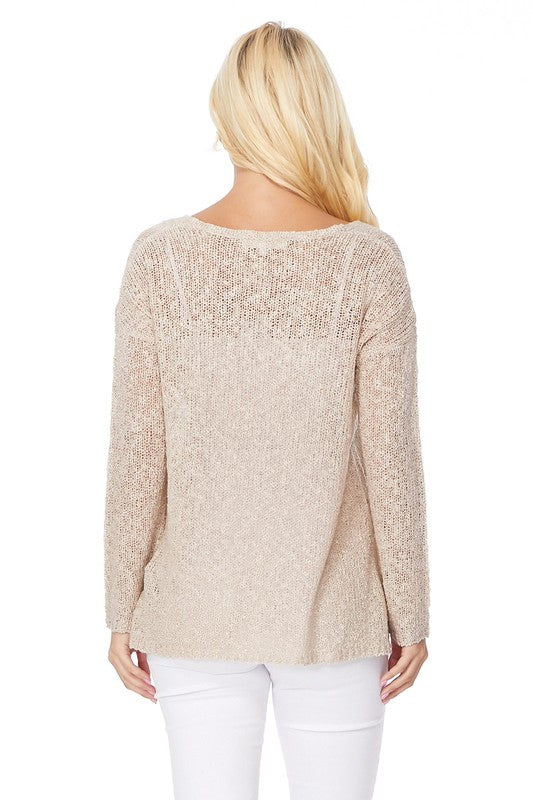 Long sleeve V Neck Thin Slub knit SS sweater Top