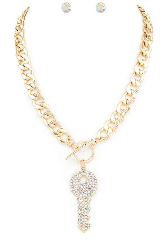 Pave Crystals Key Pendant Necklace Set