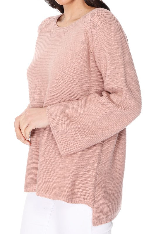 Boat Neck Bell Sleeve High Low Pullover Sweater