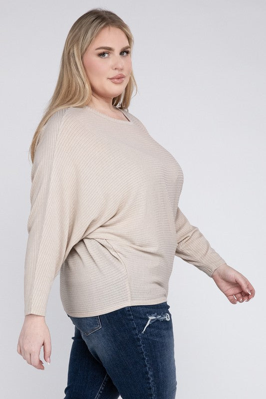 Plus Ribbed Batwing Long Sleeve Boat Neck Sweater