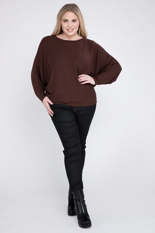 Plus Ribbed Batwing Long Sleeve Boat Neck Sweater