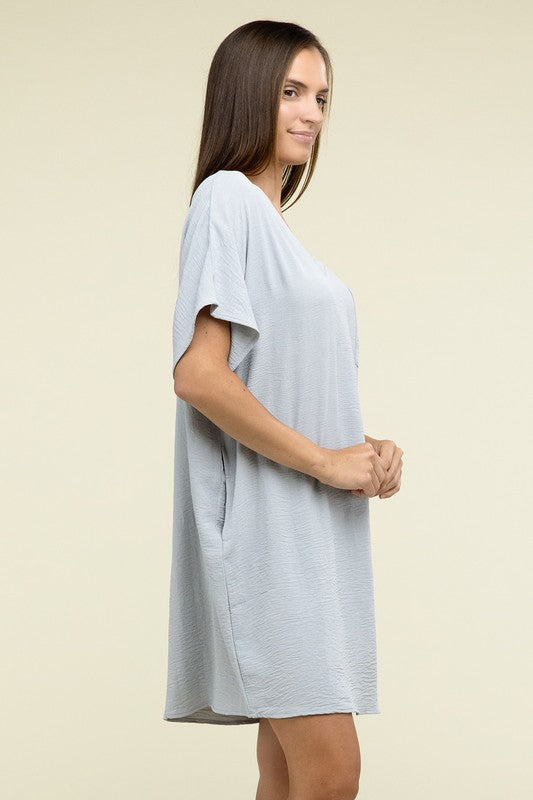 Woven Airflow V Neck T-Shirt Dress with Pockets